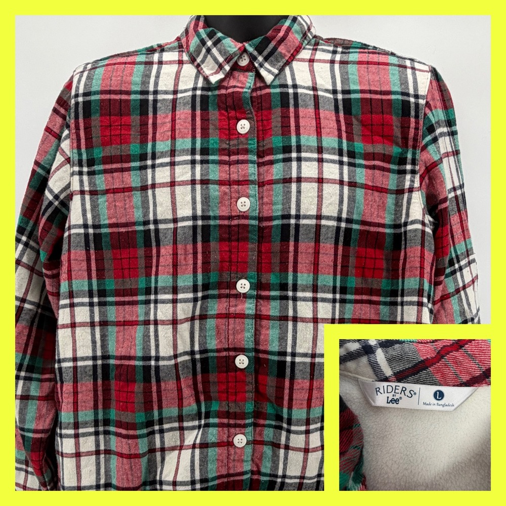 Riders by Lee Women L Fleece Lined Flannel‎ Shirt Jacket Red Green Plaid Shacket